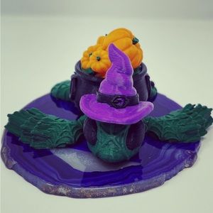 3D Printed Spooky Cute Turtle Witch with Cauldron Pumpkin Shell trinket